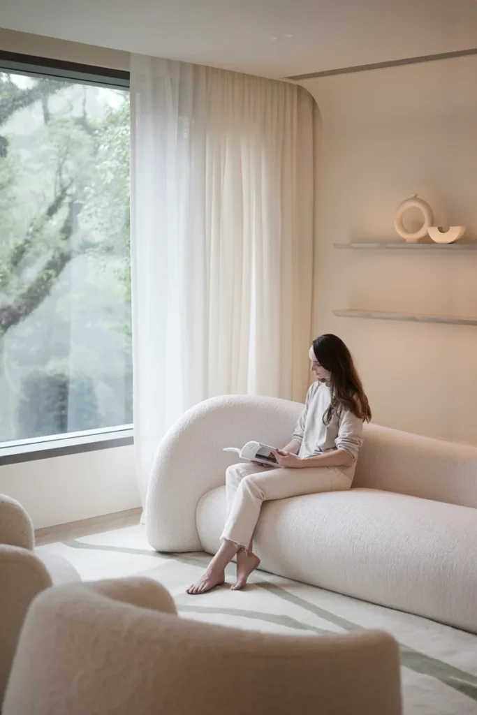 A tranquil scene featuring a woman immersed in reading on a plush, textured sofa, bathed in natural light by a large window with sheer curtains overlooking lush greenery.