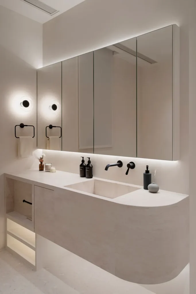 Minimalist bathroom featuring a curved vanity unit with a large, seamless sink, backlit mirror, and chic matte black fixtures, accented by spherical wall lights and refined toiletries.