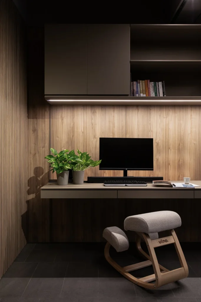 Elegantly designed Rebel Arkitekt workspace featuring a wall-mounted desk with ergonomic kneeling chair, ambient lighting, and lush greenery enhancing the minimalist office aesthetic.