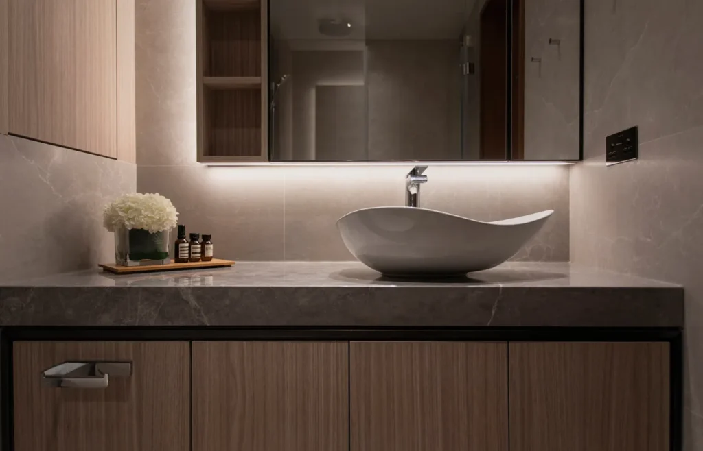 Rebel Arkitekt's sleek bathroom design features a modern vessel sink on a gray stone countertop with warm wood cabinetry and ambient mirror lighting, creating a serene and luxurious atmosphere.