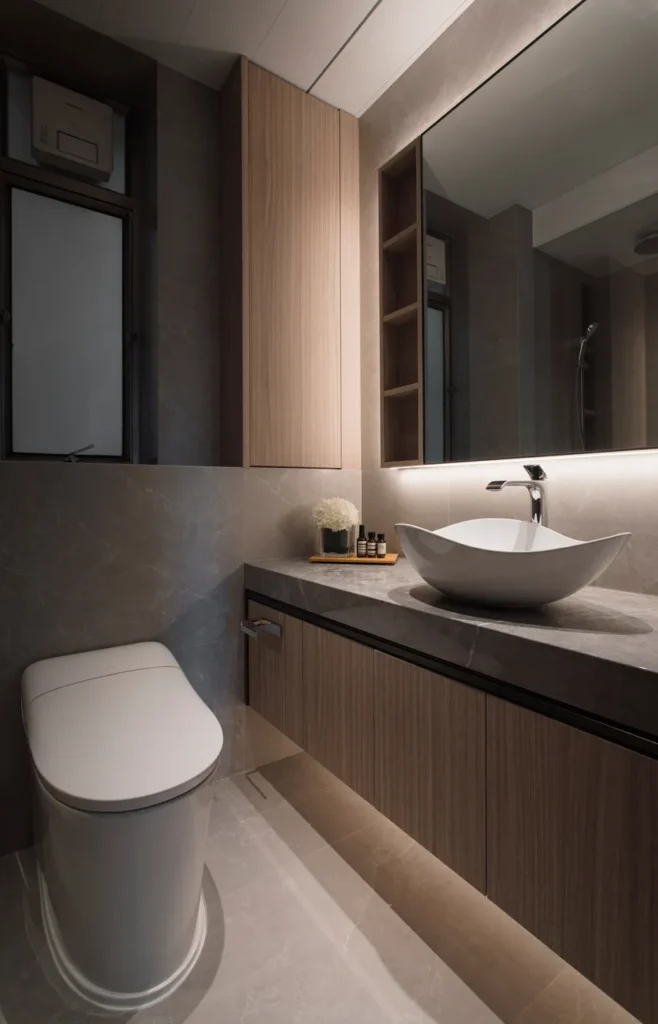 Minimalist bathroom designed by Rebel Arkitekt showcases a vessel sink atop a stone counter, with a wood-finish cabinet and open shelving, accented by a backlit mirror that adds warmth and depth.