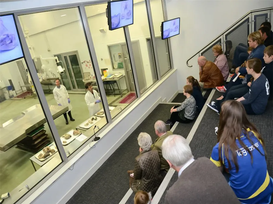 Visitors observing a pathology demonstration through a glass-walled laboratory with monitors displaying close-up views.