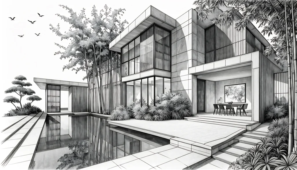 Black and white architectural line drawing of a modern residential property featuring clean lines, floor-to-ceiling glass panels, a reflective pool, and lush landscaping. Designed to showcase contemporary architecture services by Rebel Arkitekt.