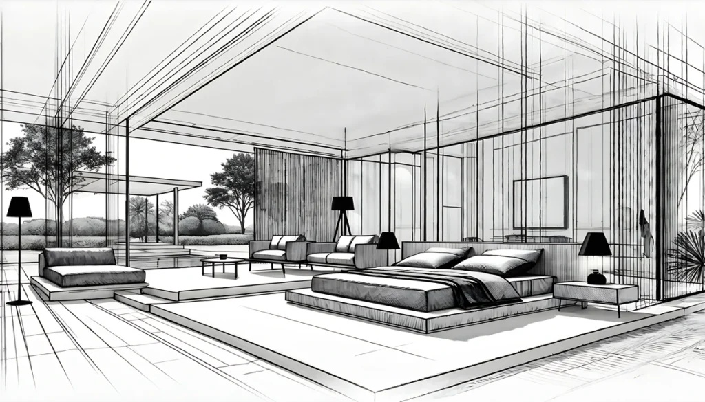 Black and white line drawing of a modern, luxurious bedroom and living area with floor-to-ceiling windows, minimalist furniture, and an open design. Showcasing Rebel Arkitekt's expertise in contemporary interior design services.