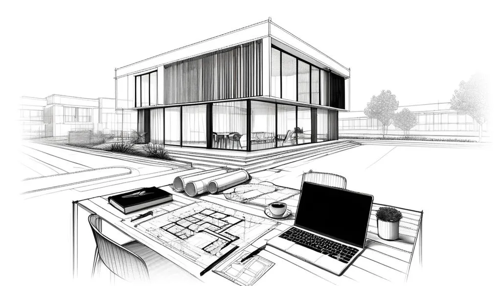 Black and white line drawing of a desk featuring floor plans, a laptop, and drafting tools, with a modern house visible in the background. Represents Rebel Arkitekt's professional project management services in architecture and design.